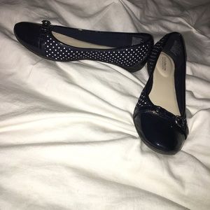 Navy and white polka dot flats